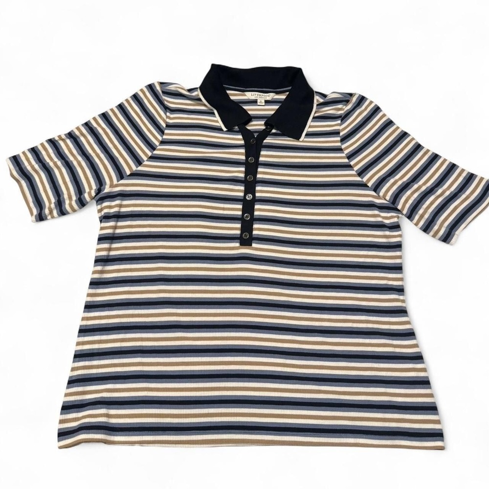 Liverpool Los Angeles Striped Ribbed Polo Shirt Blue Women's XL
